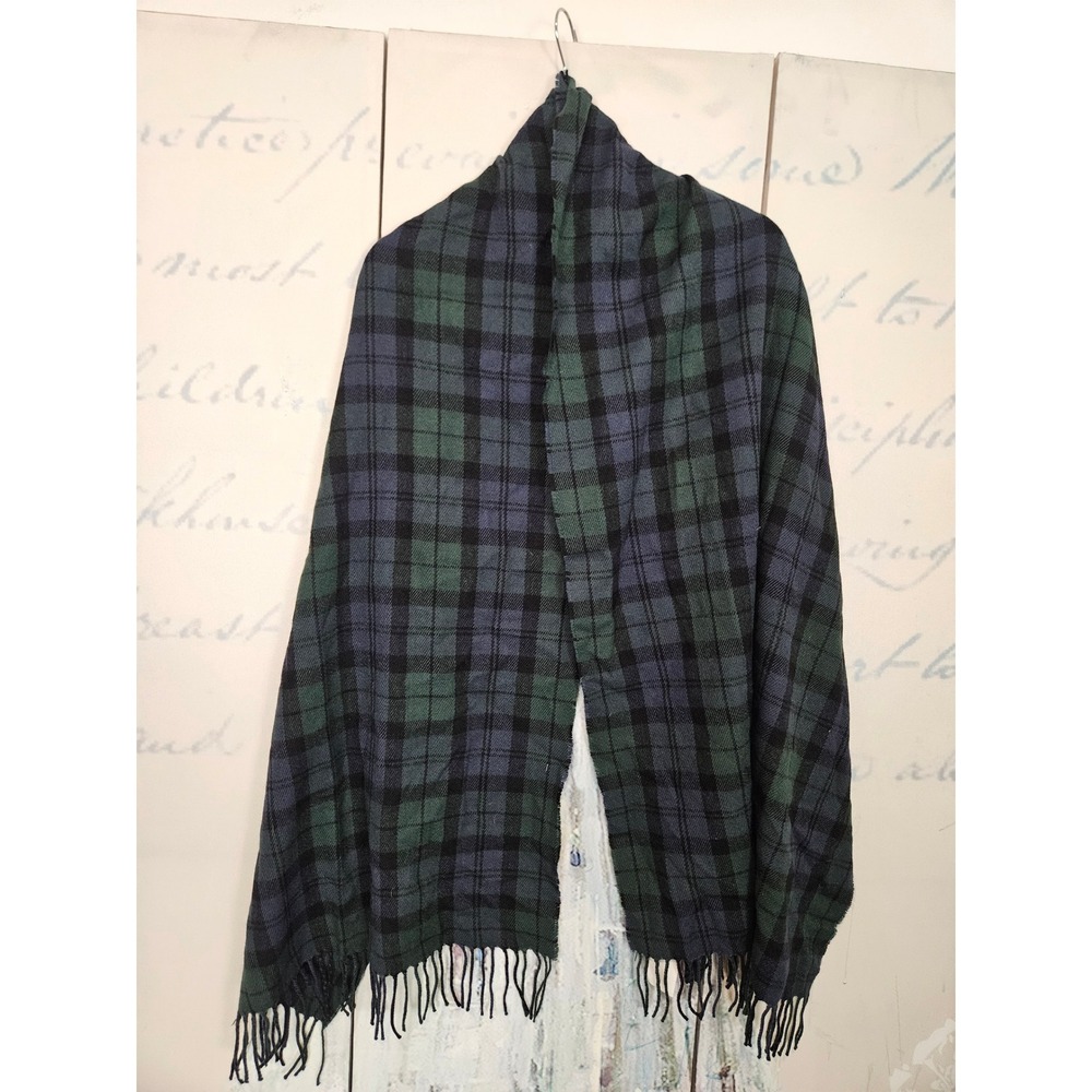 NWT J.Crew Scarf OS Black Watch Plaid Green Blue Fringed Oversized Wrap H2853